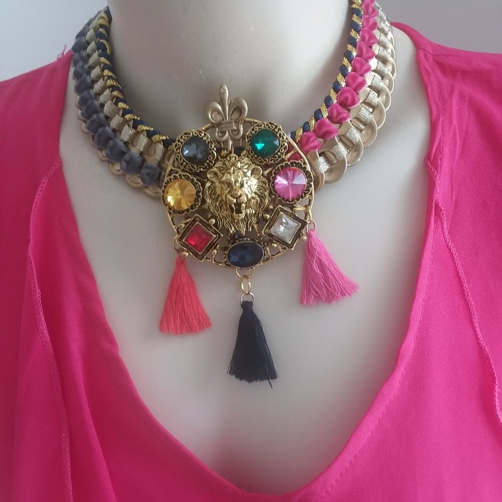 Handmade recycled lion  tassel statement necklace choker OOAK